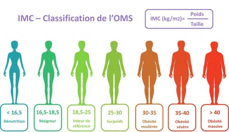 IMC - Classification de l'OMS (IMC (kg/m2 = Poids/Taille). <16,5 : Dénutrition ; 16,5-18,5 : Maigreur ; 18,5-25 : Valeur de référence ; 25-30 : Surpoids ; 30-35 : Obésité modérée ; 35-40 : Obésité sévère ; >40 : Obésité massive