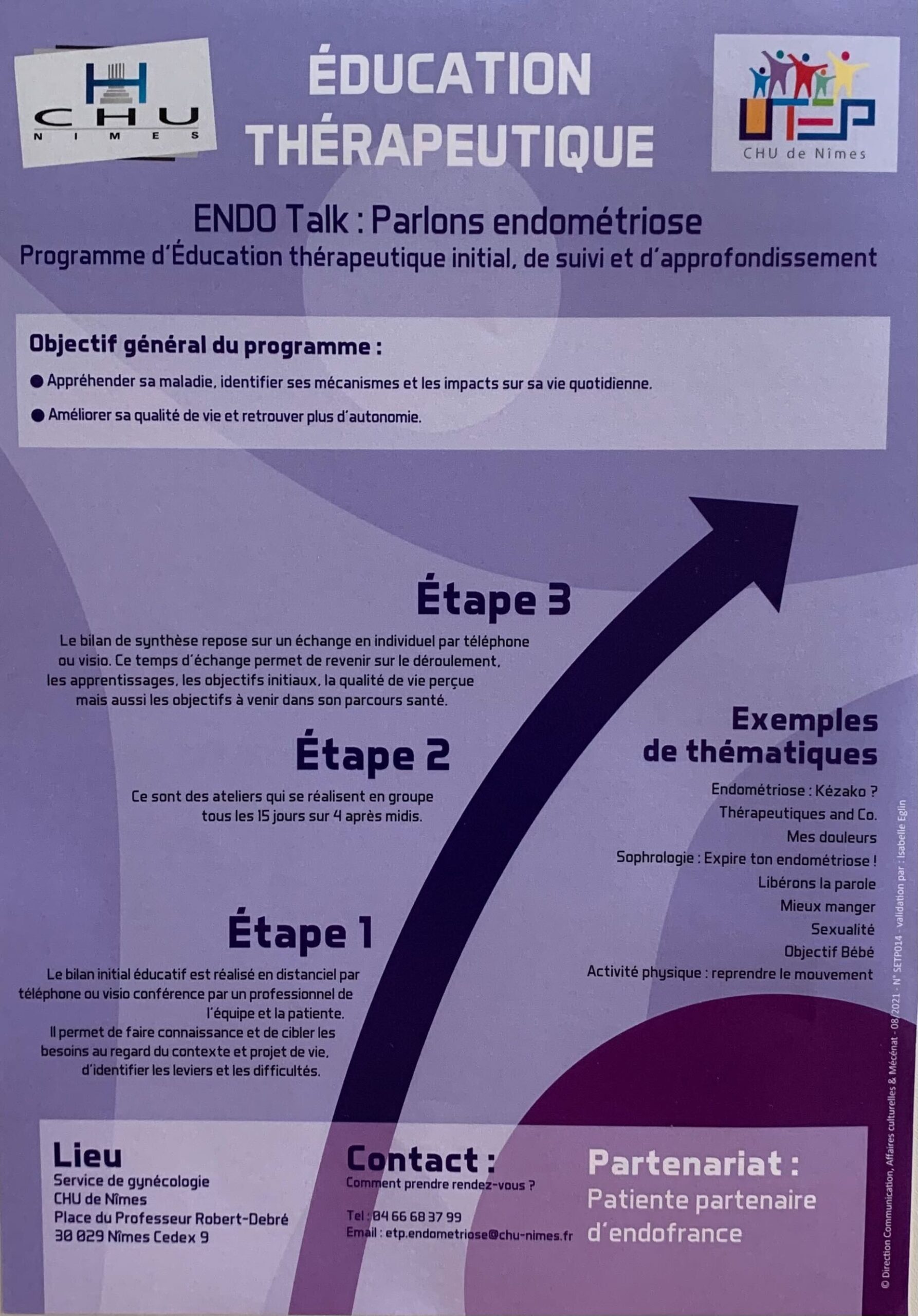 Objectif général du programme : Appréhender sa maladie, identifier ses mécanismes et les impacts sur sa vie quotidienne ; Améliorer sa qualité de vie et retrouver plus d'autonomie.