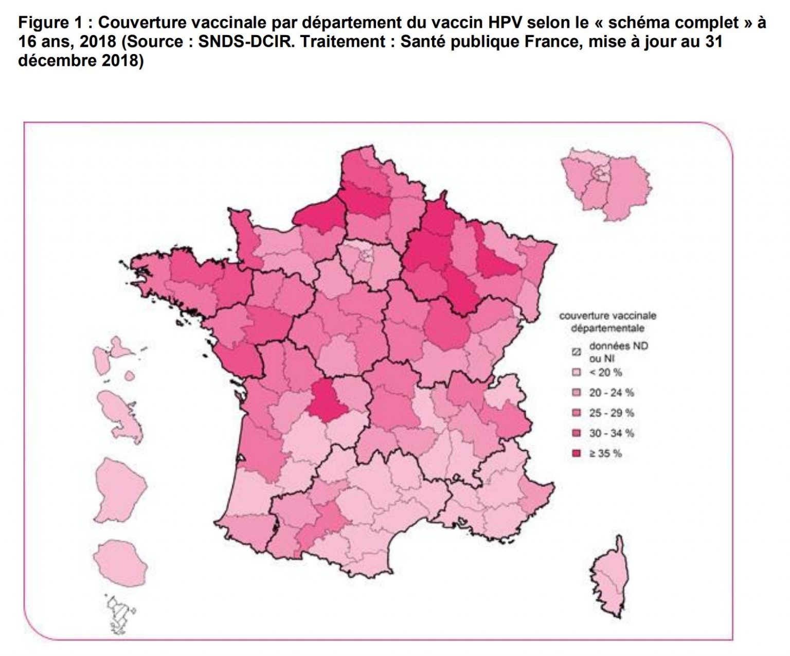 Carte de France où la couverture vaccinale du vaccin HPV est supérieure à 30% majoritairement dans le Nord du pays.