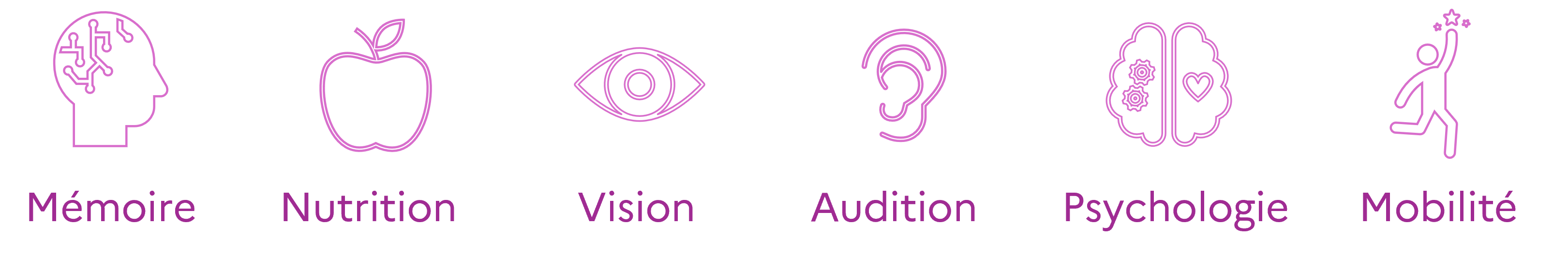 Les 6 grandes fonctions essentielles à l'autonomie sont : la mémoire, la nutrition, la vision, l'audition, la psychologie, la mobilité