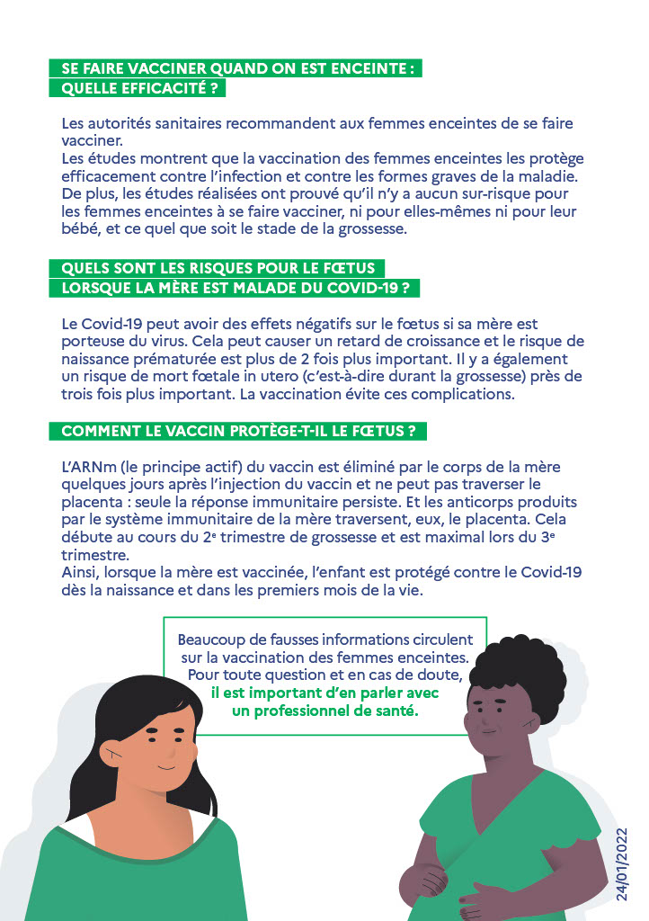 SE FAIRE VACCINER QUAND ON EST ENCEINTE : QUELLE EFFICACITÉ ? Les autorités sanitaires recommandent aux femmes enceintes de se faire vacciner. Les études montrent que la vaccination des femmes enceintes les protège efficacement contre l’infection et contre les formes graves de la maladie. De plus, les études réalisées ont prouvé qu’il n’y a aucun sur-risque pour les femmes enceintes à se faire vacciner, ni pour elles-mêmes ni pour leur bébé, et ce quel que soit le stade de la grossesse. QUELS SONT LES RISQUES POUR LE FŒTUS LORSQUE LA MÈRE EST MALADE DU COVID-19 ? Le Covid-19 peut avoir des effets négatifs sur le fœtus si sa mère est porteuse du virus. Cela peut causer un retard de croissance et le risque de naissance prématurée est plus de 2 fois plus important. Il y a également un risque de mort fœtale in utero (c’est-à-dire durant la grossesse) près de trois fois plus important. La vaccination évite ces complications. COMMENT LE VACCIN PROTÈGE-T-IL LE FŒTUS ? L’ARNm (le principe actif) du vaccin est éliminé par le corps de la mère quelques jours après l’injection du vaccin et ne peut pas traverser le placenta : seule la réponse immunitaire persiste. Et les anticorps produits par le système immunitaire de la mère traversent, eux, le placenta. Cela débute au cours du 2e trimestre de grossesse et est maximal lors du 3e trimestre. Ainsi, lorsque la mère est vaccinée, l’enfant est protégé contre le Covid-19 dès la naissance et dans les premiers mois de la vie. Beaucoup de fausses informations circulent sur la vaccination des femmes enceintes. Pour toute question et en cas de doute, il est important d’en parler avec un professionnel de santé.