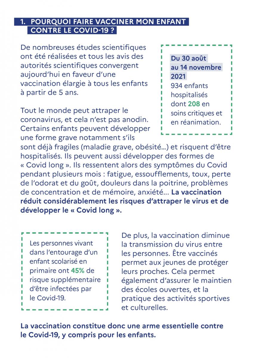 POURQUOI FAIRE VACCINER MON ENFANT CONTRE LE COVID-19 ?  De nombreuses études scientifiques ont été réalisées et tous les avis des autorités scientifiques convergent aujourd'hui en faveur d'une vaccination élargie à tous les enfants à partir de 5 ans.  Tout le monde peut attraper le coronavirus, et cela n'est pas anodin. Certains enfants peuvent développer une forme grave notamment s'ils sont déjà fragiles (maladie grave, obésité...) et risquent d'être hospitalisés. Ils peuvent aussi développer des formes de « Covid long ». Ils ressentent alors des symptômes du Covid pendant plusieurs mois : fatigue, essoufflements, toux, perte de l'odorat et du goût, douleurs dans la poitrine, problèmes de concentration et de mémoire, anxiété... La vaccination réduit considérablement les risques d'attraper le virus et de développer le « Covid long ».  Du 30 août au 14 novembre 2021, 934 enfants hospitalisés dont 208 en soins critiques et en réanimation.  Les personnes vivant dans l'entourage d'un enfant scolarisé en primaire ont 45% de risque supplémentaire d'être infectées par le Covid-19.  De plus, la vaccination diminue la transmission du virus entre les personnes. Être vaccinés permet aux jeunes de protéger leurs proches. Cela permet également d'assurer le maintien des écoles ouvertes, et la pratique des activités sportives et culturelles.  La vaccination constitue donc une arme essentielle contre le Covid-19, y compris pour les enfants. 